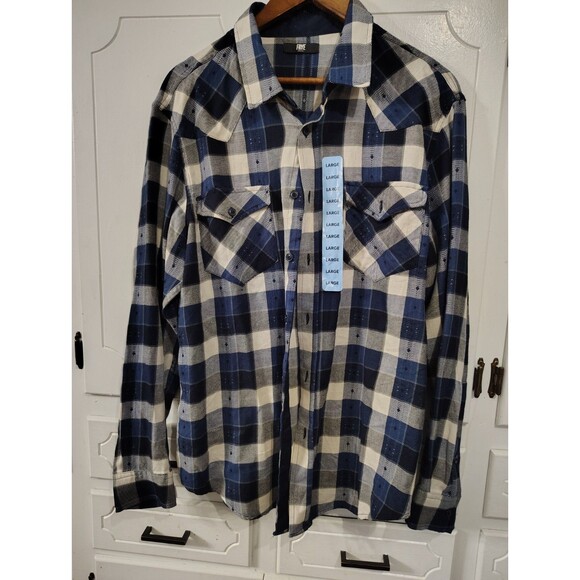 Frye Shirt Mens Large Blue Black Plaid Western Button Up Flannel - Picture 1 of 7